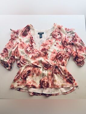 Express Rose Print Wrap Blouse in Pink and White